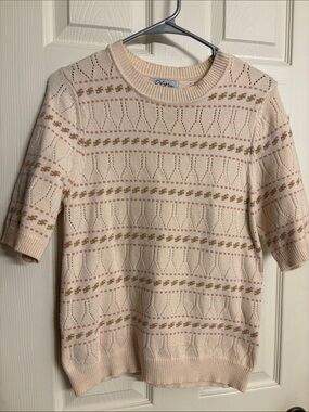 Polagram Cream Pointelle Short Sleeve Sweater with Accent Stripes